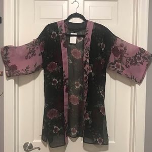 Derek Heart—S, Black, Pink, Mauve Multicolor Floral Kimono, Sheer, Wide Sleeves